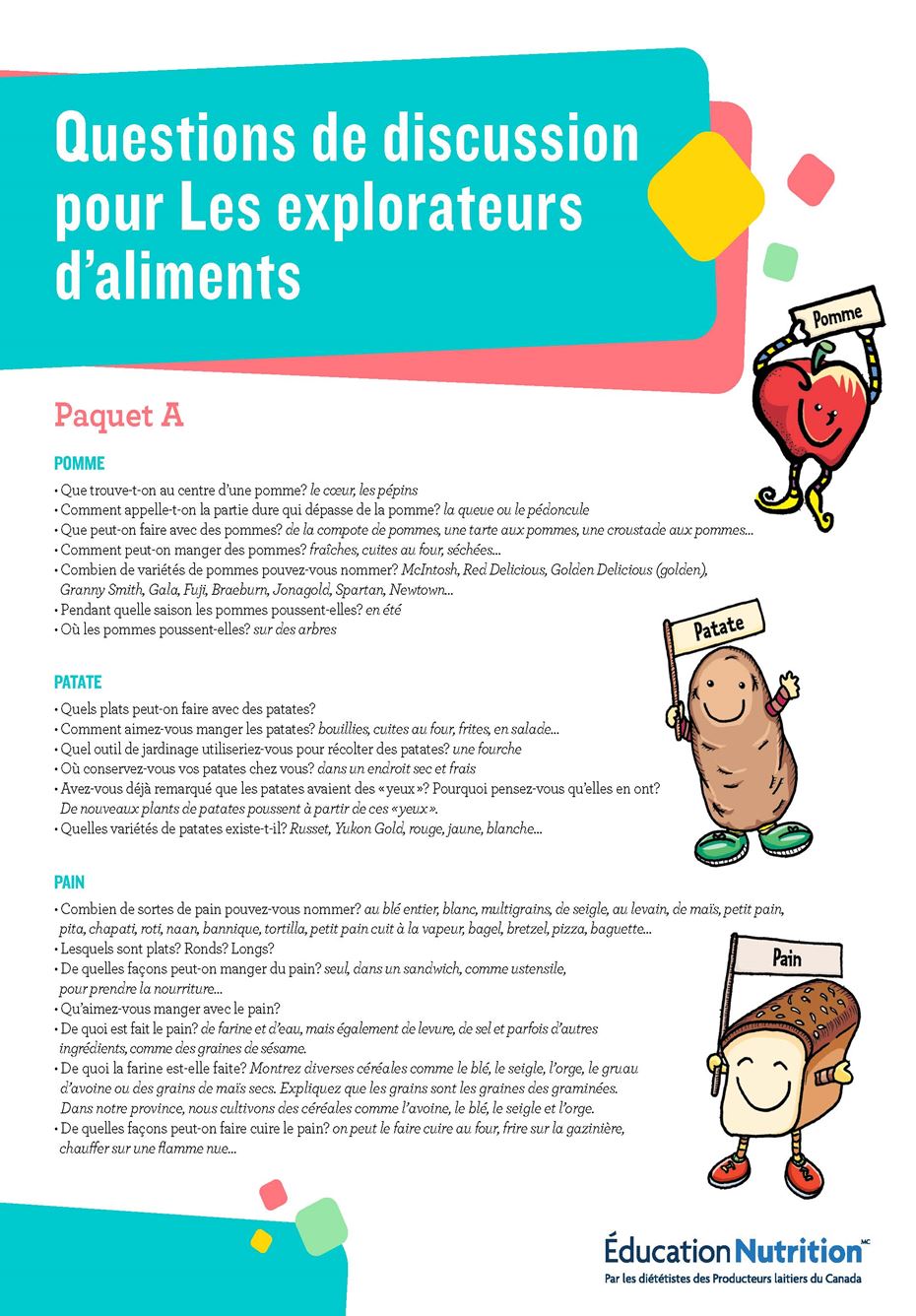 Questions de discussion en français pour « Les explorateurs d’aliments »